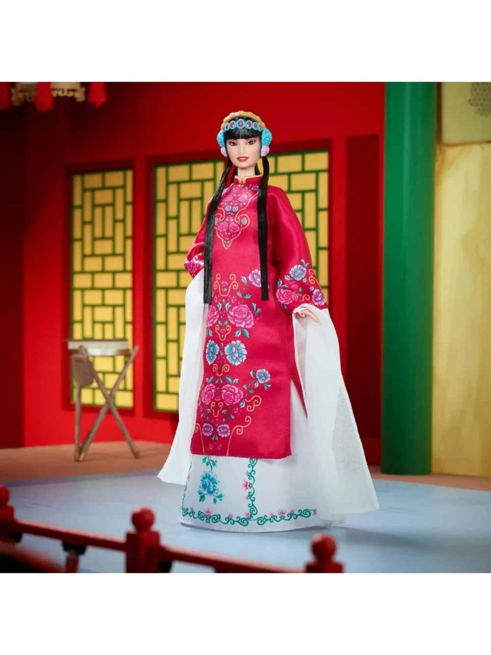 Lunar New Year Collectible Doll in Red Floral Robe with Accessories & Stand